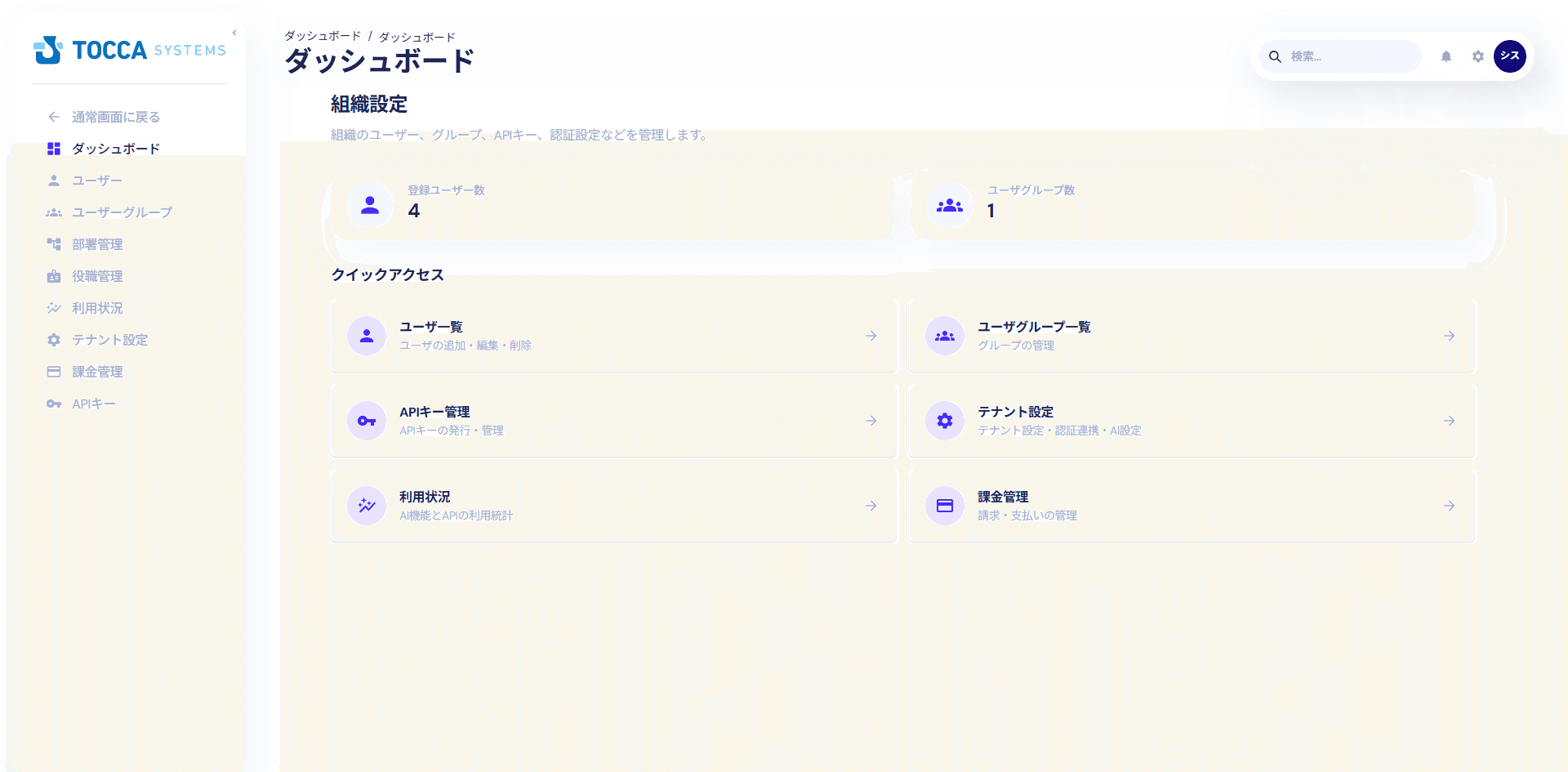 組織管理画面:部署構造と所属メンバーの一覧表示