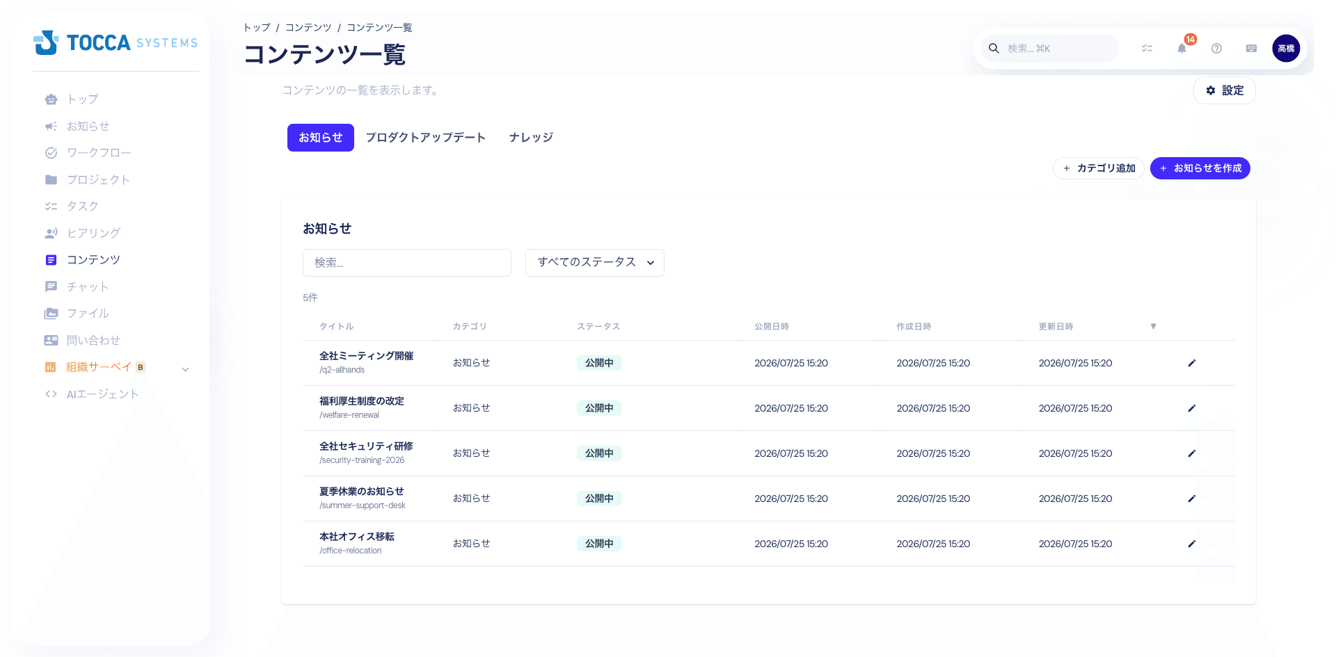 コンテンツ管理画面:記事やドキュメントの一覧と編集インターフェース