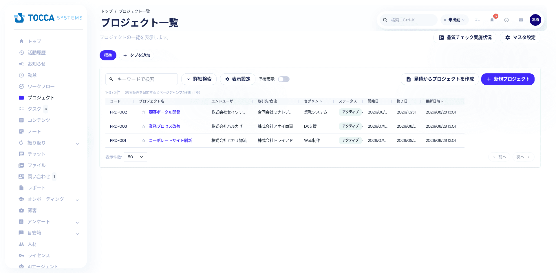 プロジェクト管理画面:進行中プロジェクトの一覧とステータス・期間の表示