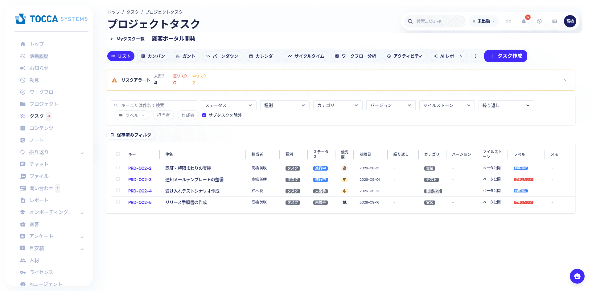 タスク管理画面:担当者・ステータス・優先度・期限日・マイルストーンが並ぶプロジェクトタスク一覧